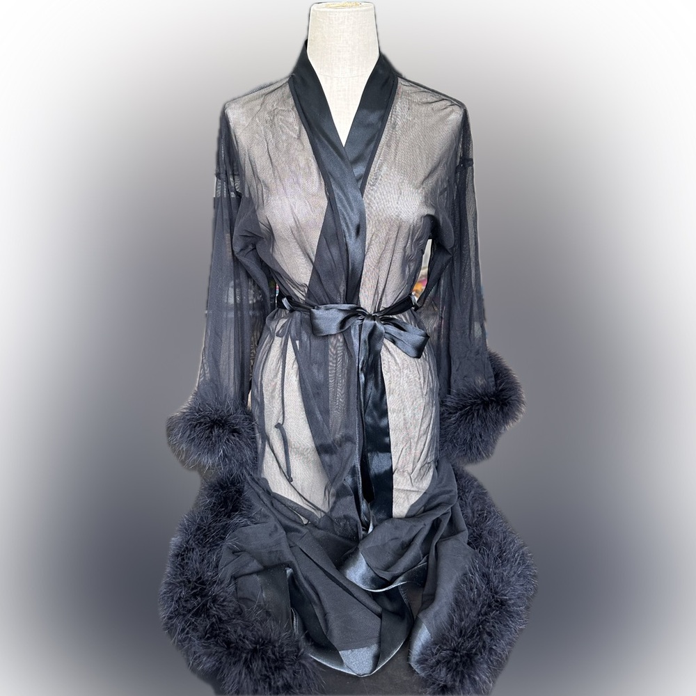 In Bloom Black Sheer Robe with Fur Trim